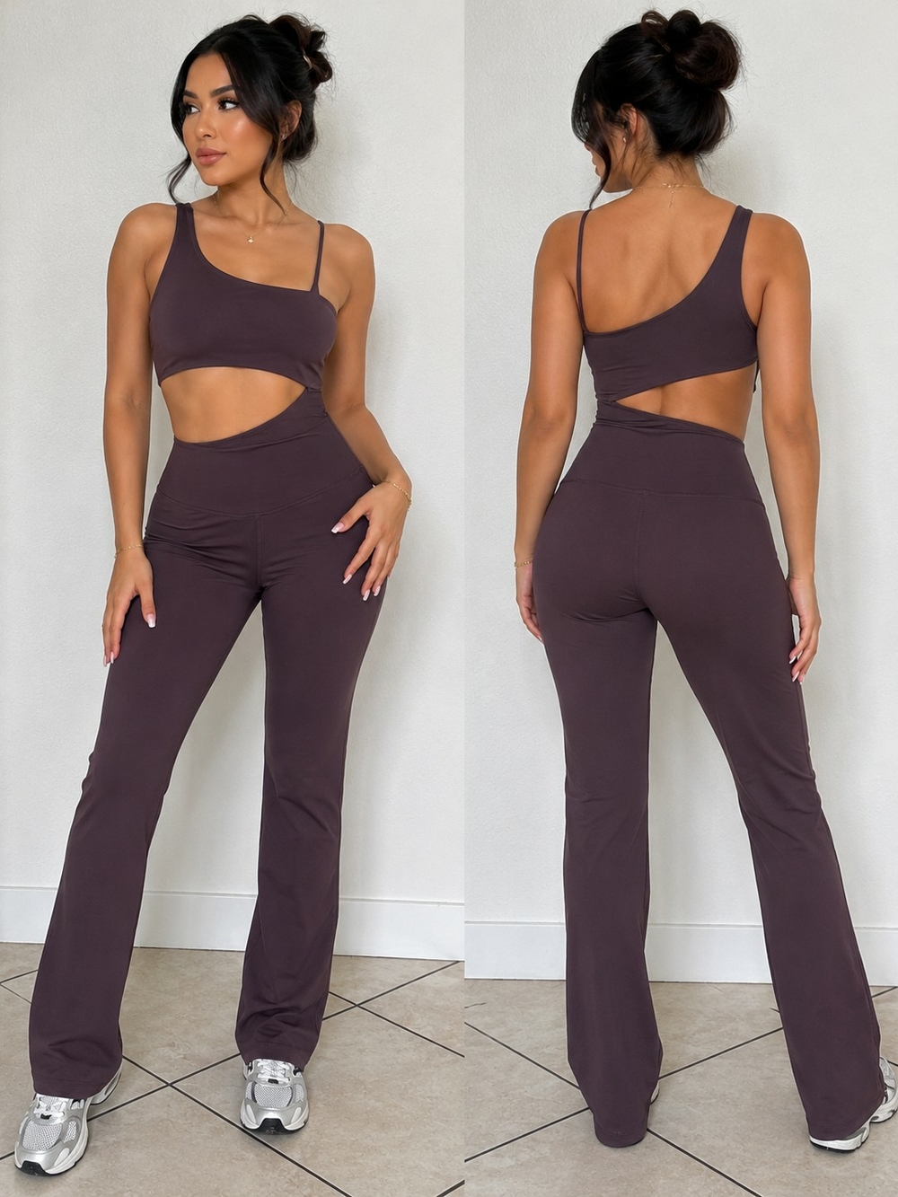 Forever 21 One-Shoulder Cutout Flare Jumpsuit in Espresso Brown